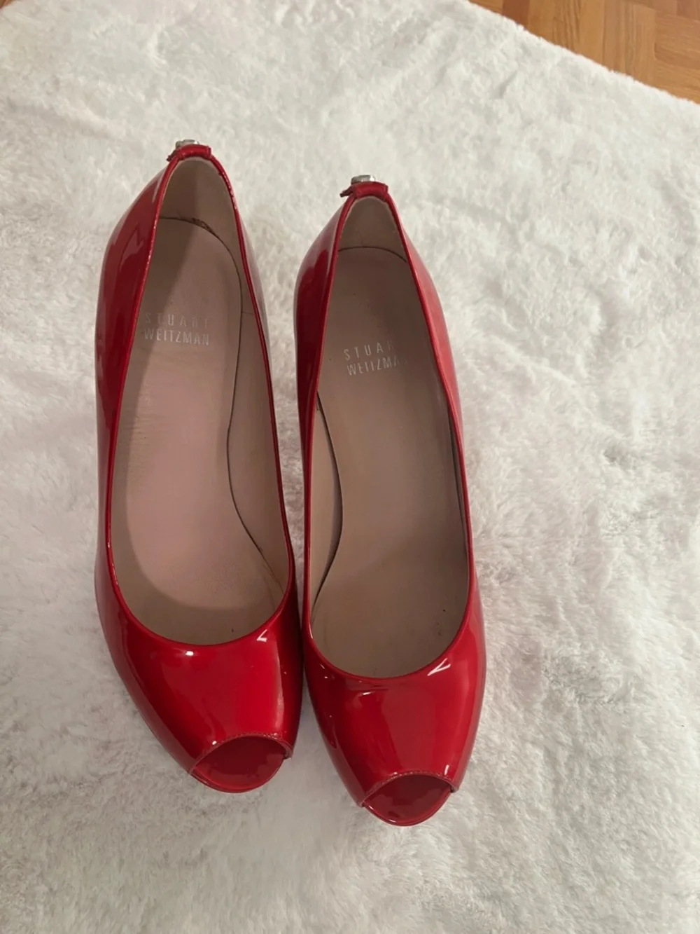 Stuart Weitzman Red Patent Peep-Toe Platform Pumps - Picture 2 of 14